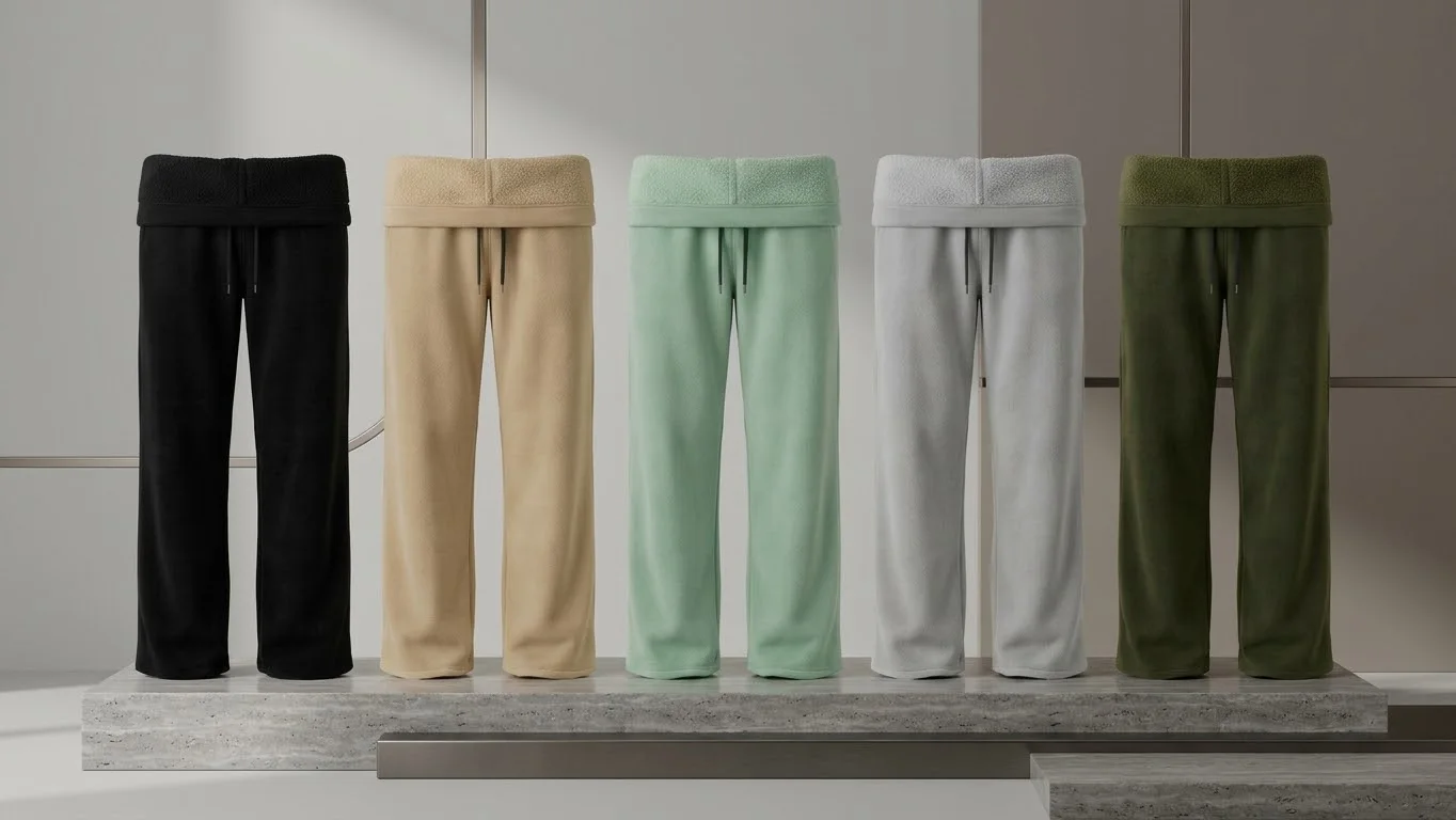 Five colored fleece sweatpants displayed on a concrete platform in a modern setting
