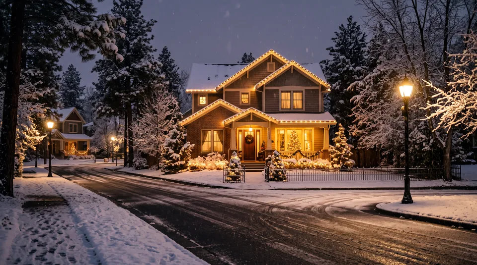 A snow-covered suburban street at night, featuring a warmly lit house with Christmas decorations and snow-laden trees