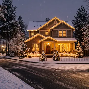 A snow-covered suburban street at night, featuring a warmly lit house with Christmas decorations and snow-laden trees