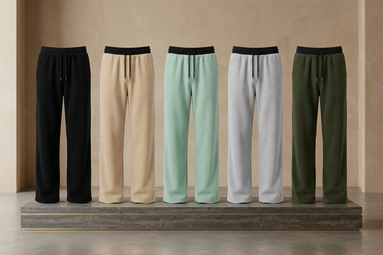 Five colored fleece sweatpants displayed on a concrete platform in a minimalist setting