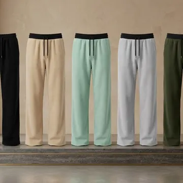 Five colored fleece sweatpants displayed on a concrete platform in a minimalist setting