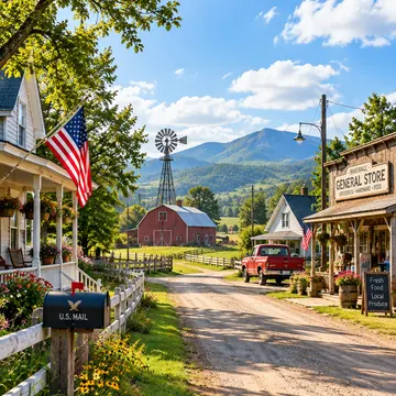 A dirt road leads past a general store and red barn with mountains in the background under a blue sky