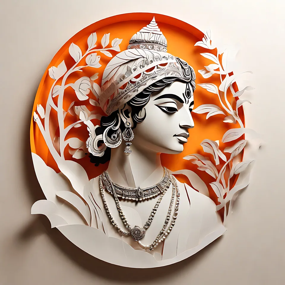 A stylized paper-cutout artwork of a woman's profile wearing ornate jewelry and a headdress, set against an orange circular background with white foli