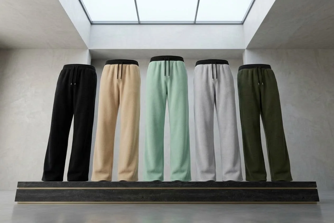 Five colored fleece pants displayed on a platform under a skylight in a concrete room