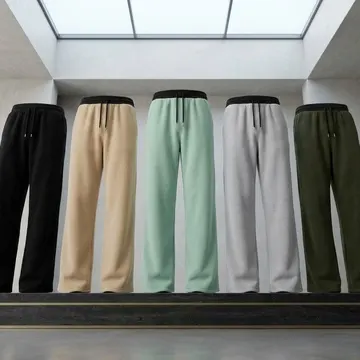Five colored fleece pants displayed on a platform under a skylight in a concrete room