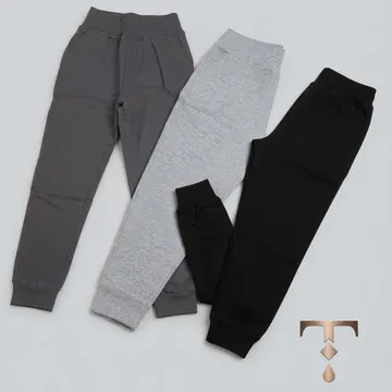 Three pairs of children's joggers in charcoal gray heather gray and black on light gray background