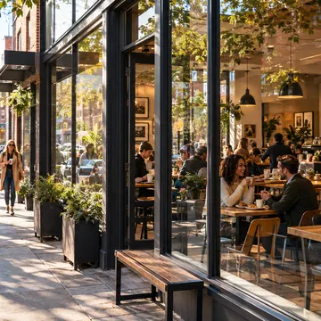 People walking past a modern cafe with patrons enjoying coffee inside through large glass windows