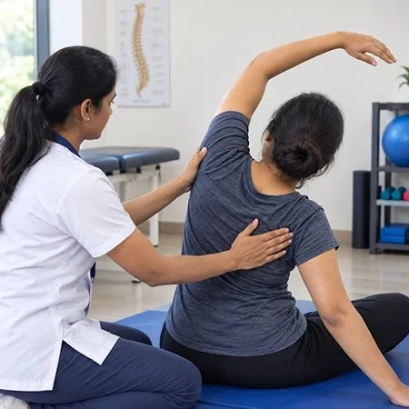 Physical therapist guiding patient through seated arm stretch on blue mat in clinic