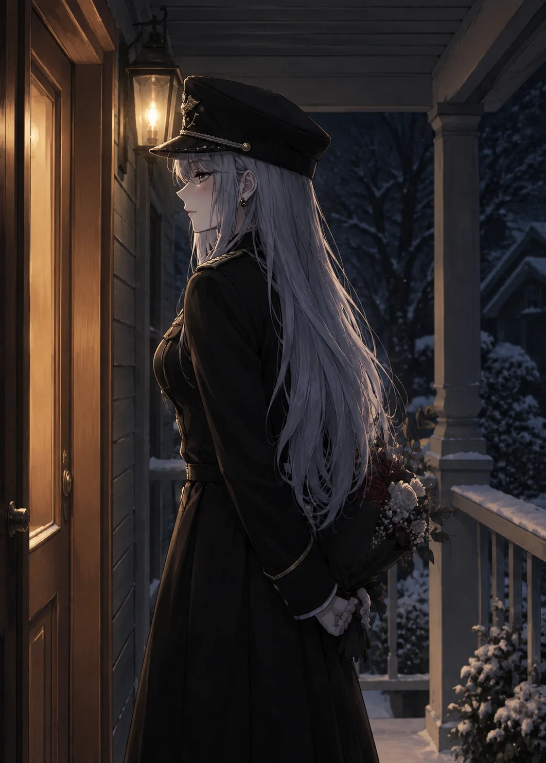 Silver-haired anime woman in black uniform holding bouquet on snowy porch at night