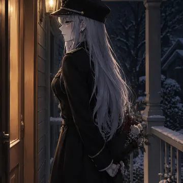 Silver-haired anime woman in black uniform holding bouquet on snowy porch at night