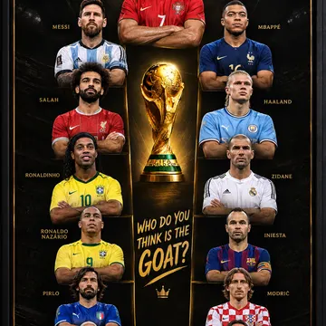 Framed poster showing ten famous footballers around a World Cup trophy asking who is the GOAT