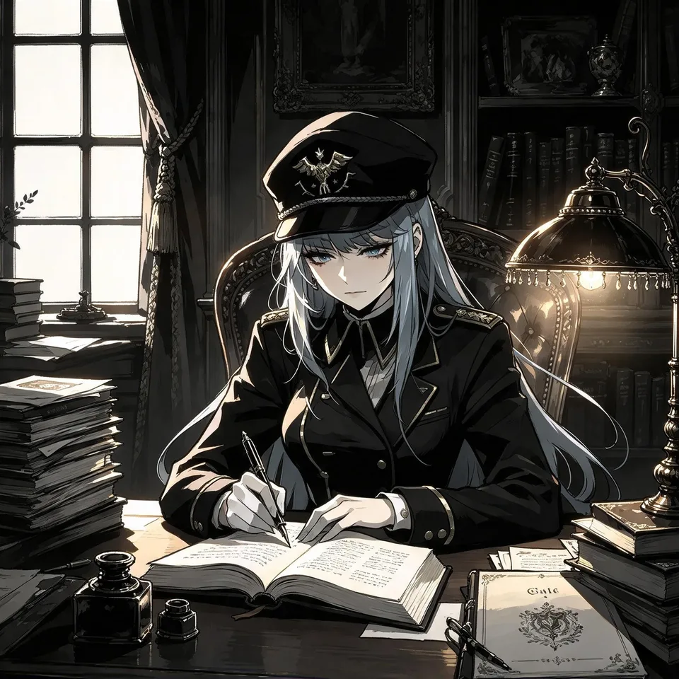 A silver-haired anime officer in uniform writes in a book at a desk in a dimly lit study