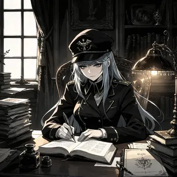 A silver-haired anime officer in uniform writes in a book at a desk in a dimly lit study