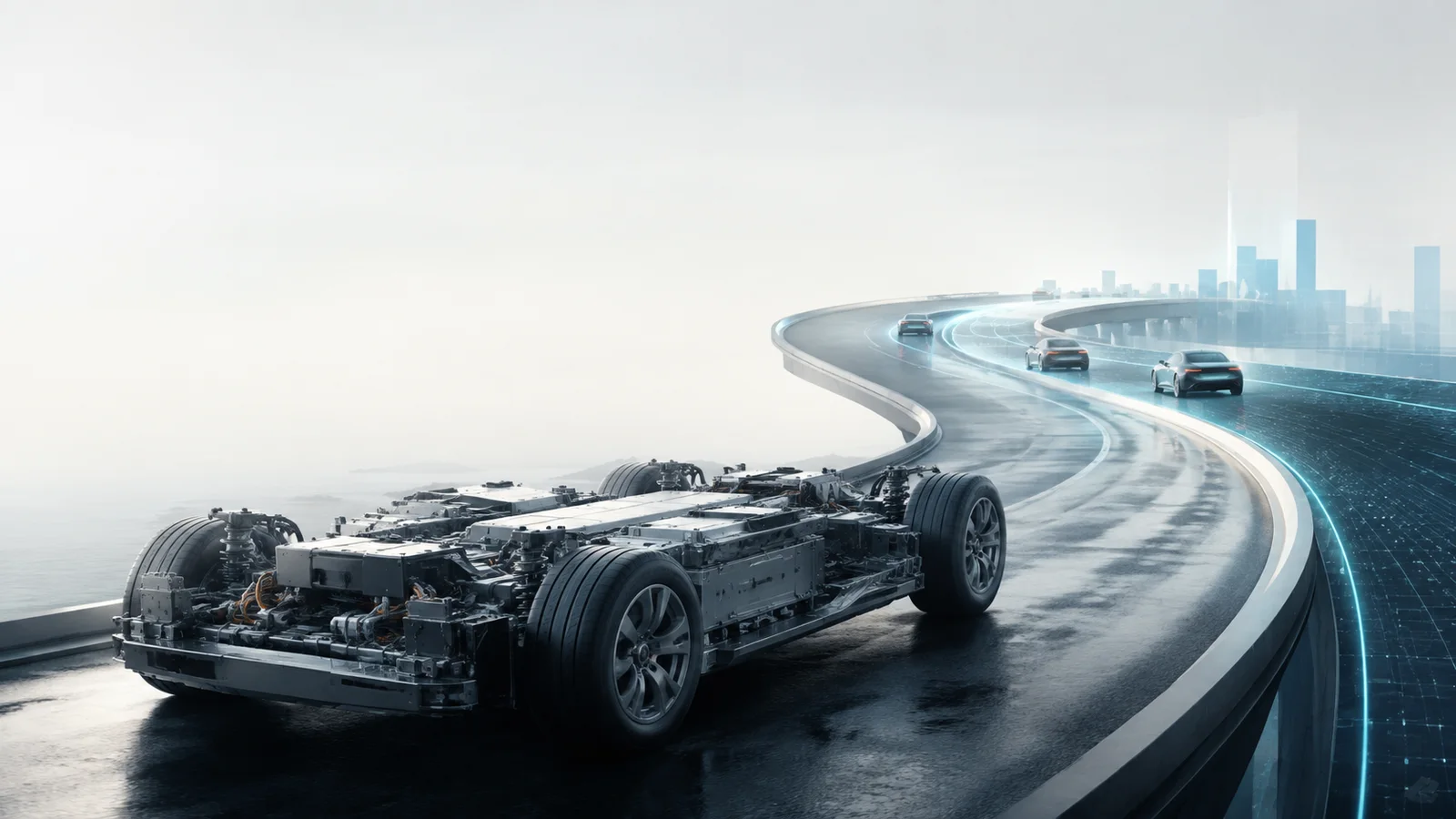 Futuristic electric car chassis on a glowing highway near a city and ocean