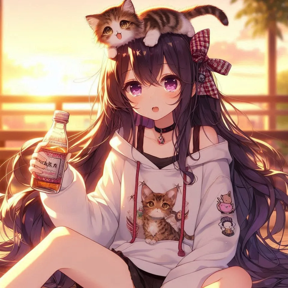 Anime girl in hoodie holding bottle with kitten on head at sunset
