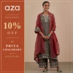 Woman wearing maroon embroidered kurta and pants with discount promotion text on left