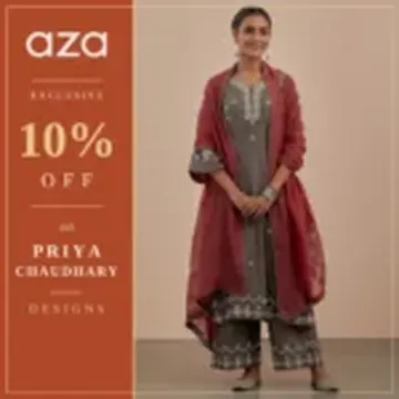 Woman wearing maroon embroidered kurta and pants with discount promotion text on left