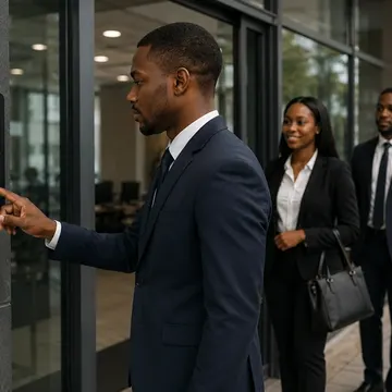 Man in suit scans finger on access panel at 9:00 as colleagues wait outside office building