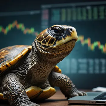 A realistic-looking turtle figurine sits on a desk in front of a laptop, with a stock chart visible on a screen in the background