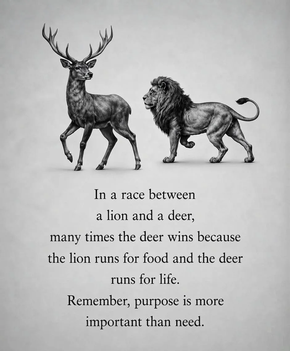 A deer and lion facing each other with a quote about purpose versus need