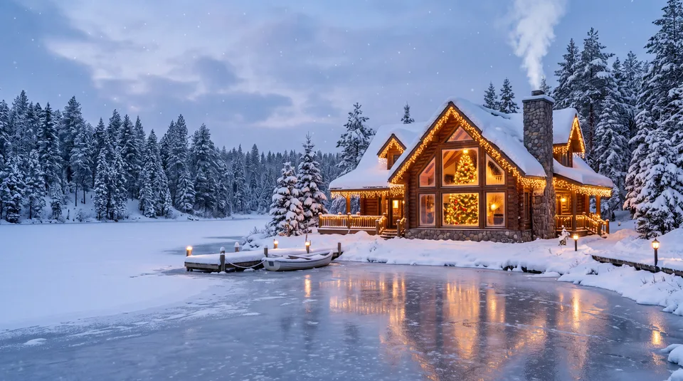 A snow-covered log cabin with warm lights and a decorated Christmas tree inside, situated on the edge of a frozen lake with snow-laden pine trees in t