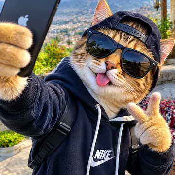 Cat wearing sunglasses and hoodie taking a selfie with phone and peace sign outdoors