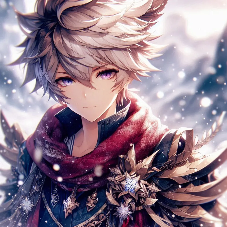 Anime boy with blonde hair and purple eyes in snowy winter armor with red scarf