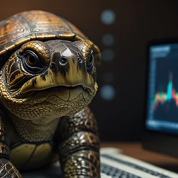 A detailed, stylized turtle figurine sits on a desk next to a computer monitor displaying a colorful financial chart