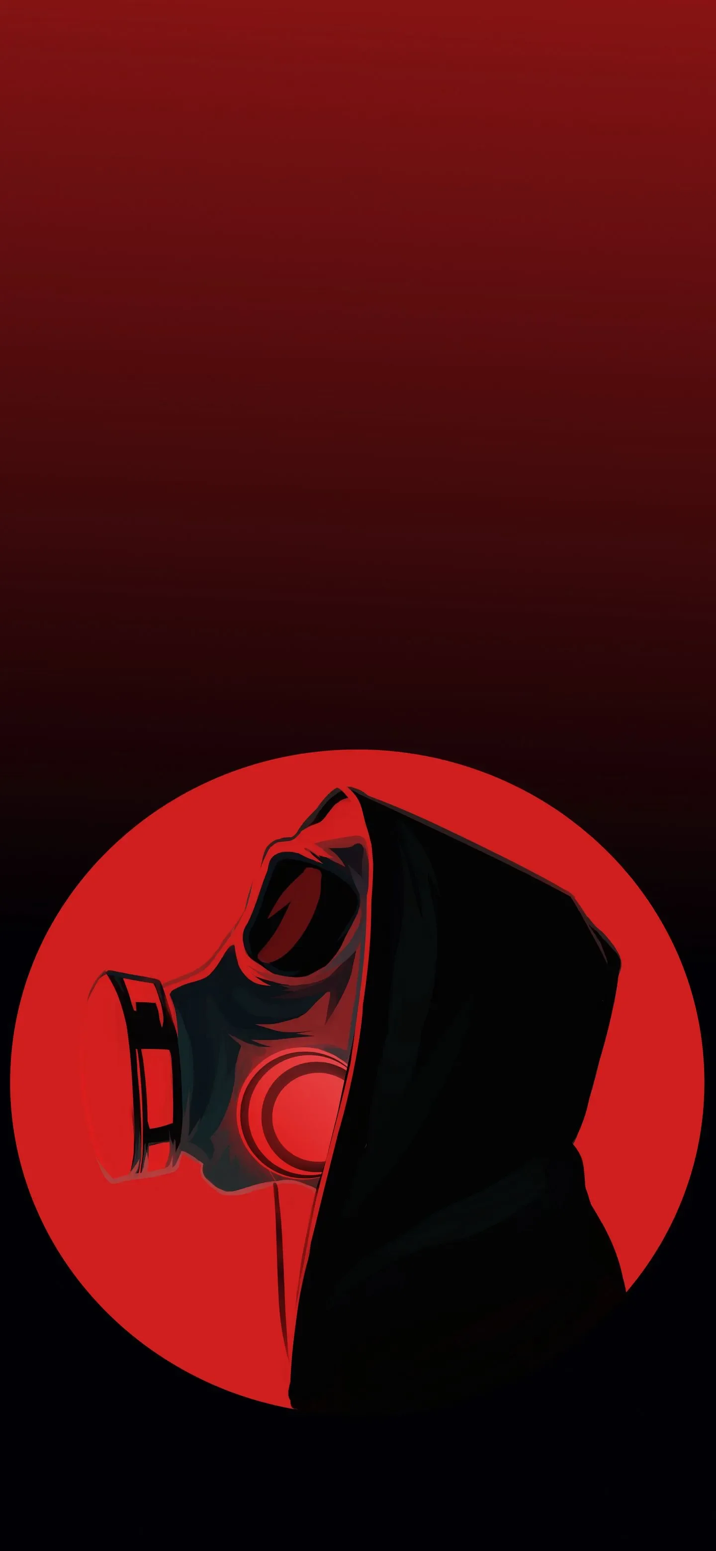 A hooded person in a gas mask against a red circle on a dark red background
