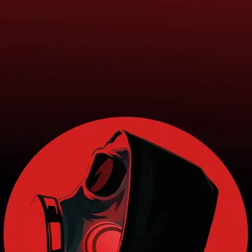 A hooded person in a gas mask against a red circle on a dark red background