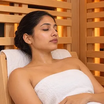 A woman wrapped in white towels resting in a wooden sauna with glowing panels