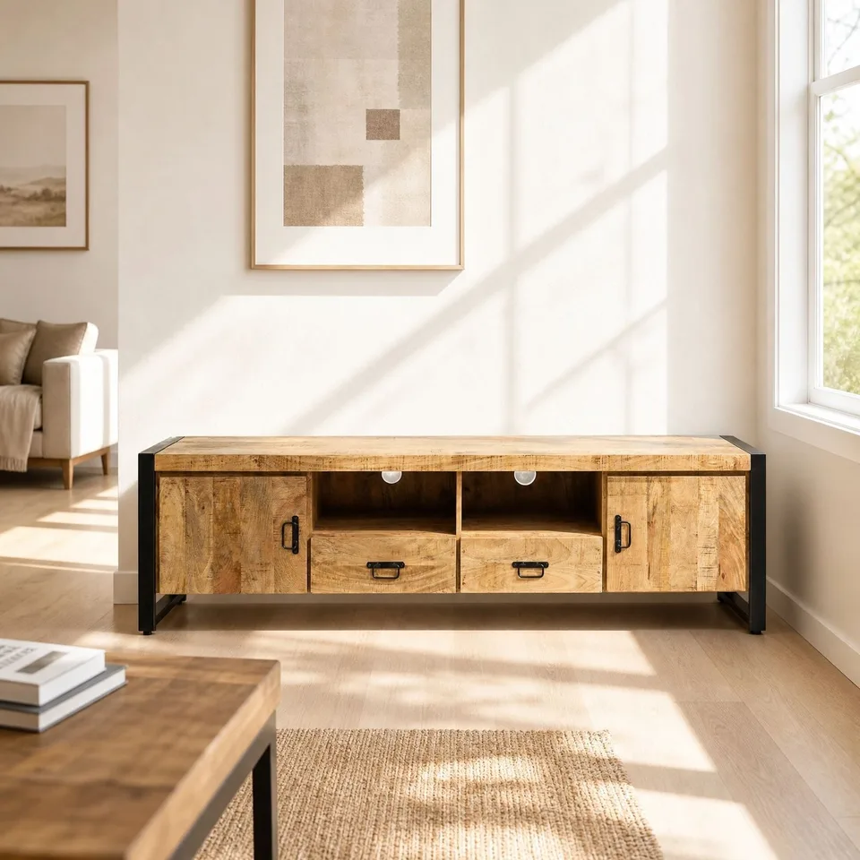 Rustic wooden media console with black metal legs and handles in a sunlit living room