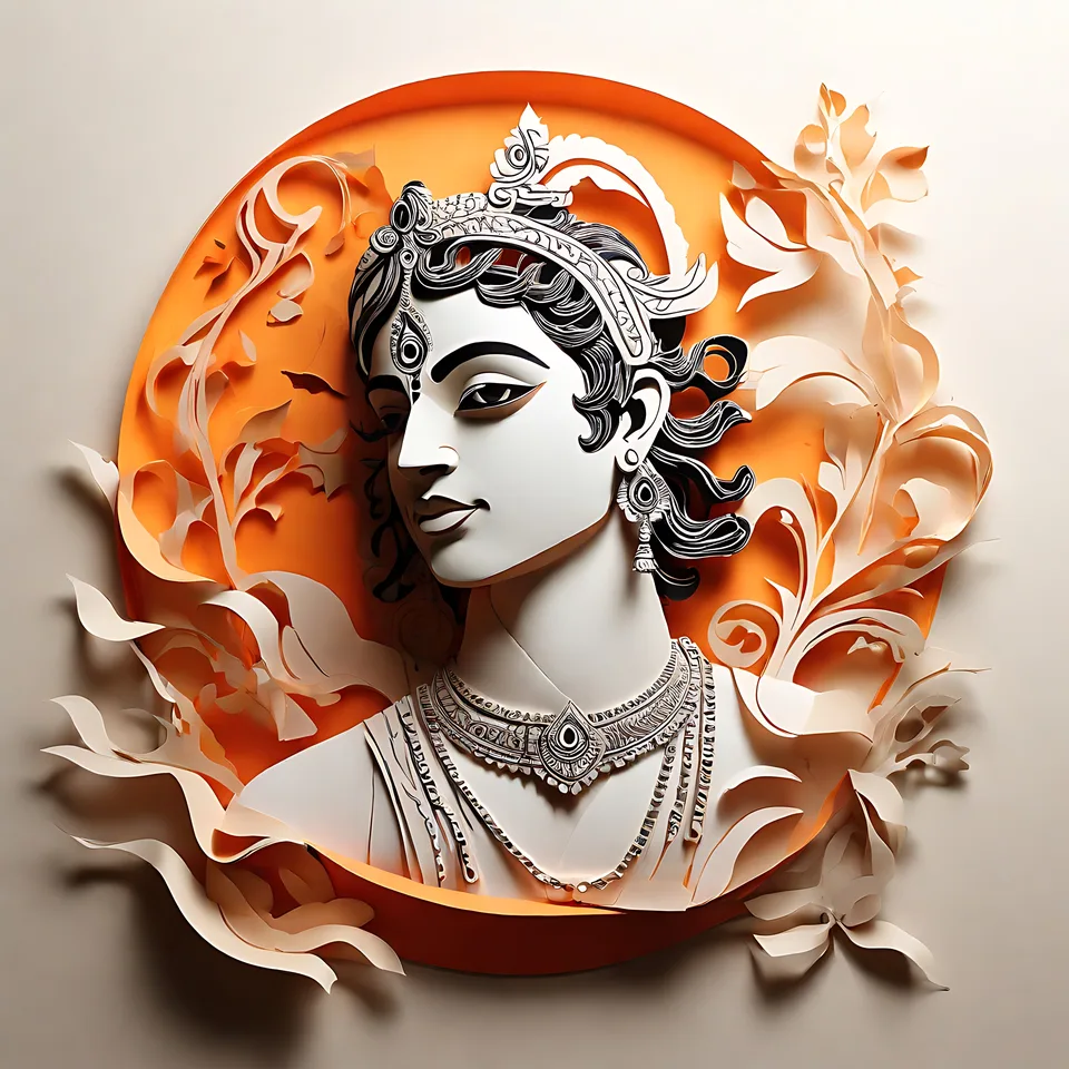 A stylized paper-cutout portrait of a woman with intricate jewelry and flowing decorative elements against an orange circular background