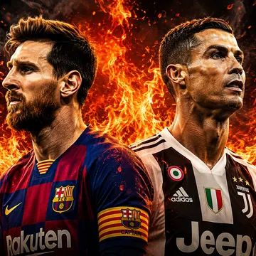 Two soccer players in team jerseys stand against a fiery background