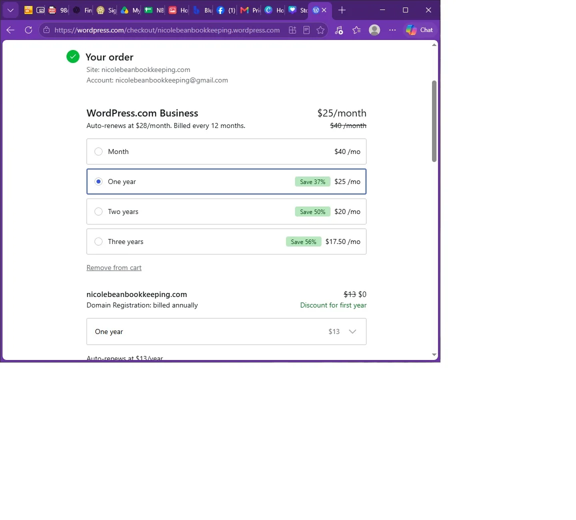 WordPress.com checkout page showing business plan and domain registration pricing options