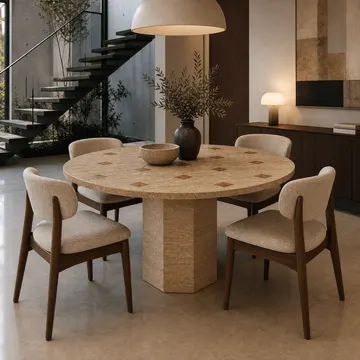 A modern dining set with stone table and upholstered chairs in a warmly lit room with staircase