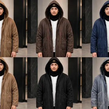 A man wearing six different colored hooded shearling coats in a studio setting