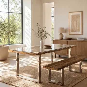 Modern dining room with glass table, wooden bench, and large windows letting in natural light