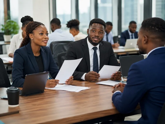 Three business professionals reviewing documents at a wooden conference table in a modern office