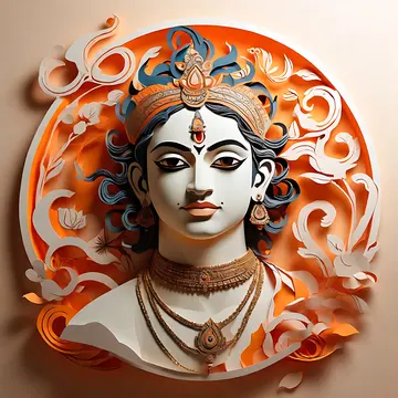 A stylized, AI-generated portrait of a deity with ornate headgear and jewelry, set against a circular orange and white decorative background