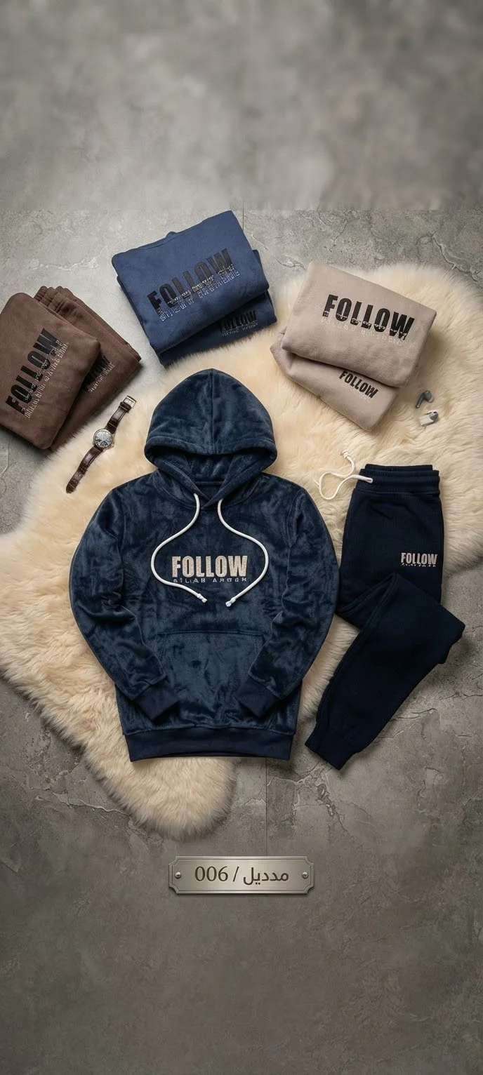 A navy velvet hoodie and joggers with 'FOLLOW' branding arranged on a fluffy rug with accessories