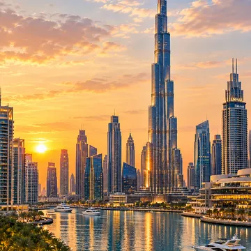 Dubai skyline at sunset with Burj Khalifa, canal, yachts, and palm trees