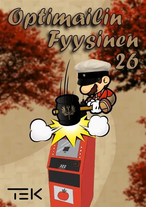 Cartoon sailor firing cannon from red arcade machine with tomato logo against autumn leaves