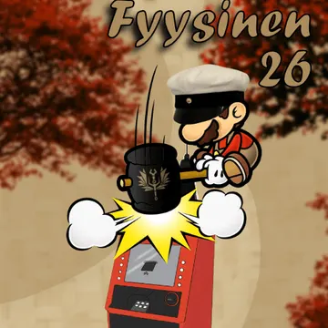 Cartoon sailor firing cannon from red arcade machine with tomato logo against autumn leaves