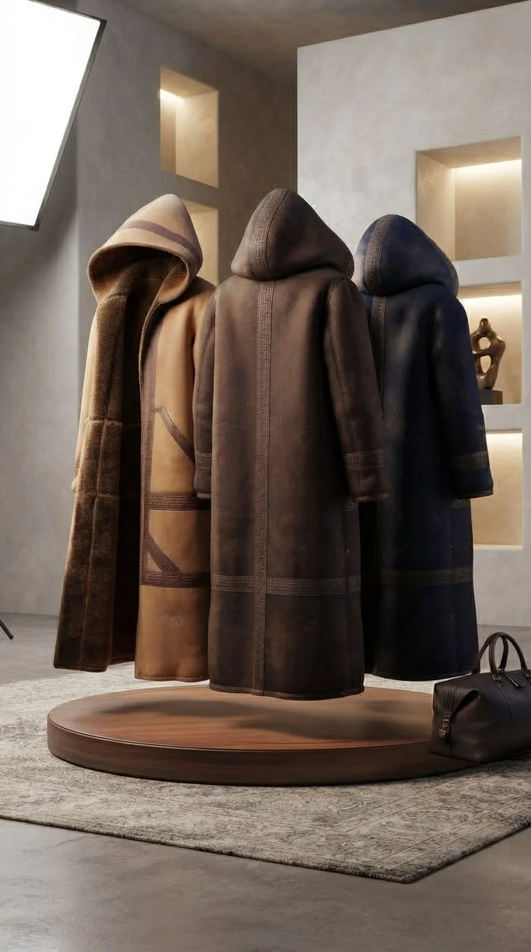 Three hooded coats in tan brown and navy displayed on a wooden pedestal in a minimalist studio