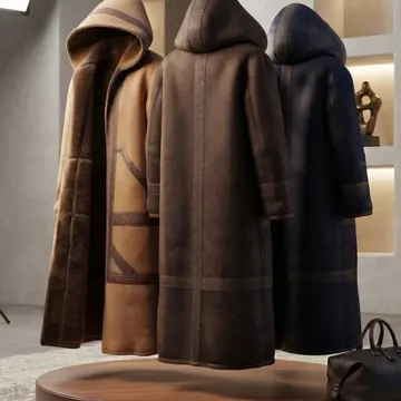 Three hooded coats in tan brown and navy displayed on a wooden pedestal in a minimalist studio