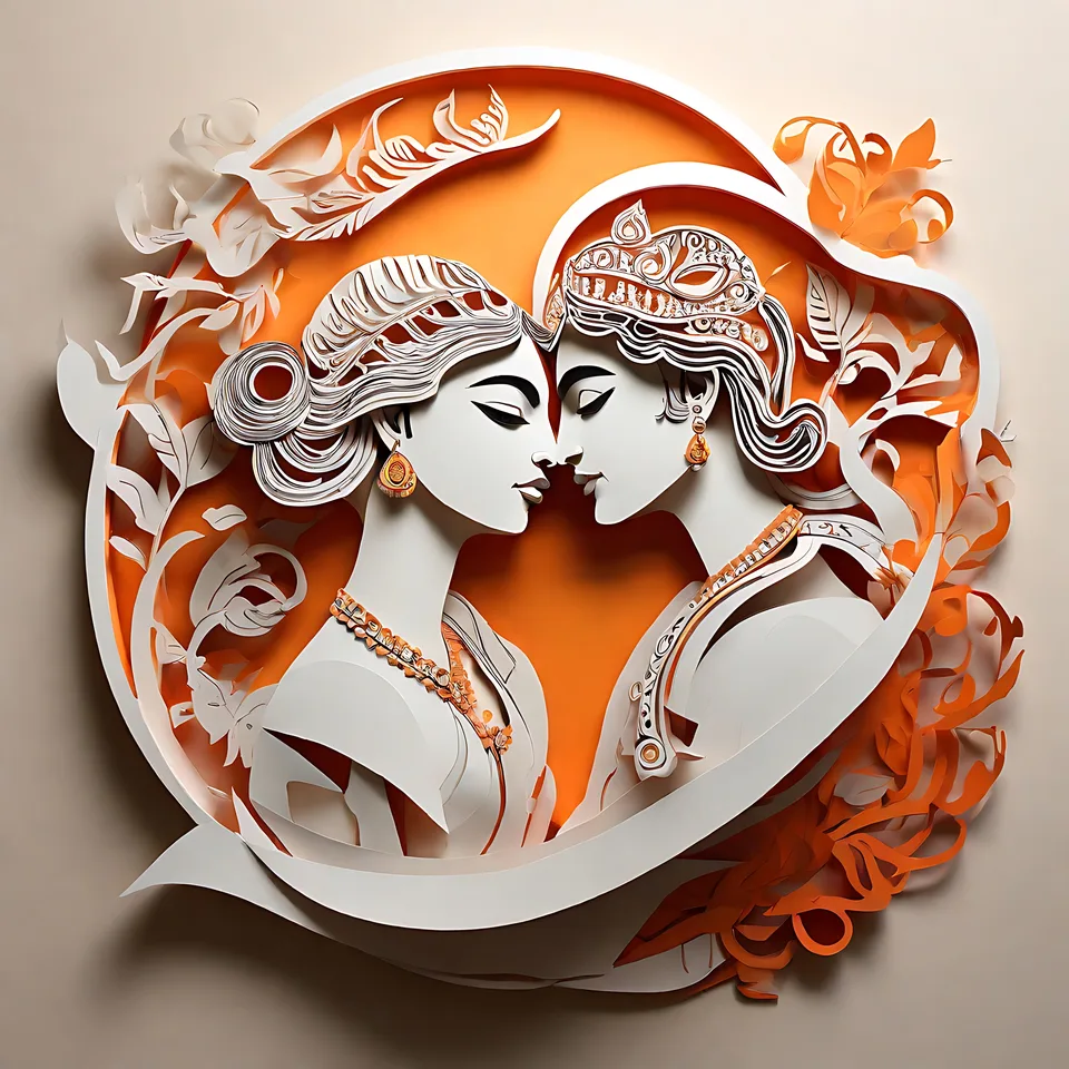 A stylized paper-cut art piece depicting two ornate, face-to-face female figures with intricate headdresses and jewelry, framed by swirling orange and
