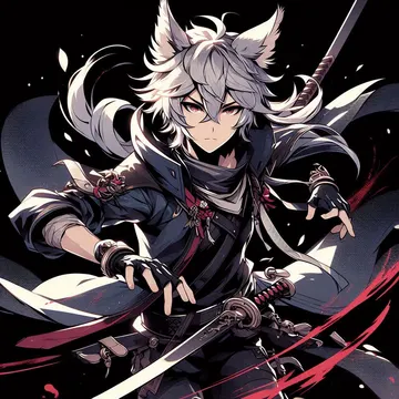 Anime warrior with silver hair and fox ears holding a sword in a dynamic pose