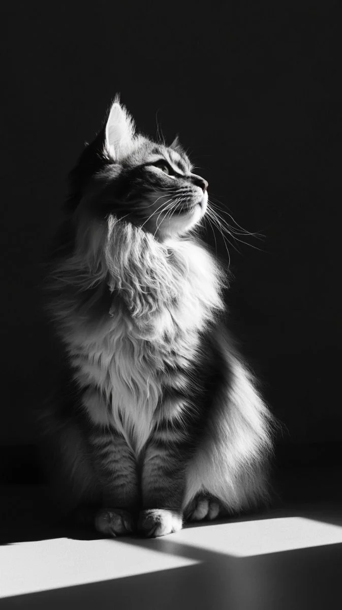 A fluffy cat sits in a beam of light, looking up with whiskers extended against a dark background