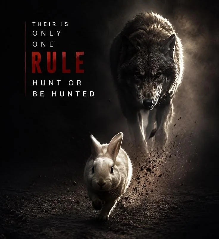 A wolf chasing a rabbit with text saying hunt or be hunted